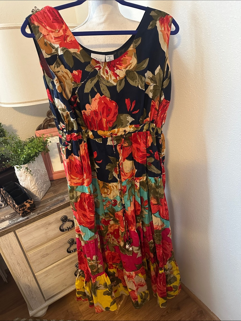 Only Necessities Navy Floral Tiered Maxi Dress with Red, Yellow and Green Blooms